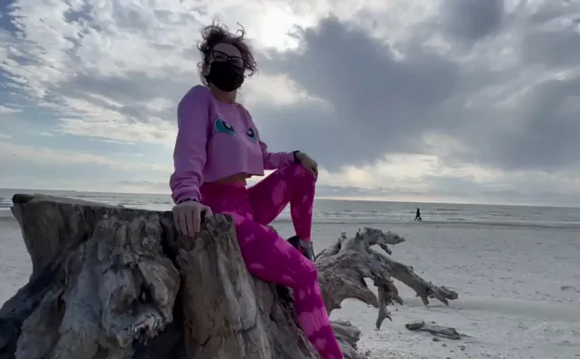 Beach Slut Holding Moans on Log 😈🌊💦