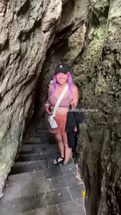 Filipina Hottie Flashes Perky Naturals in Rocky Cave Stairs Tease
