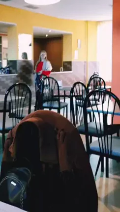 Huge Tits Tease in Public Cafeteria – Dude Behind Pretends Not to Stare