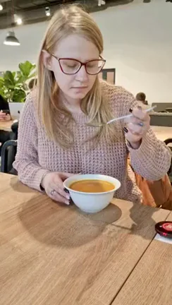 And this is my office restaurant. I'm eating Thai soup and showing off my big boobs. To tell you the truth, it was stressful. Heh
