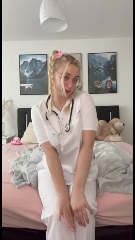 Nurse Babe Glasses Tease Drops Robe for Red Bra Tits
