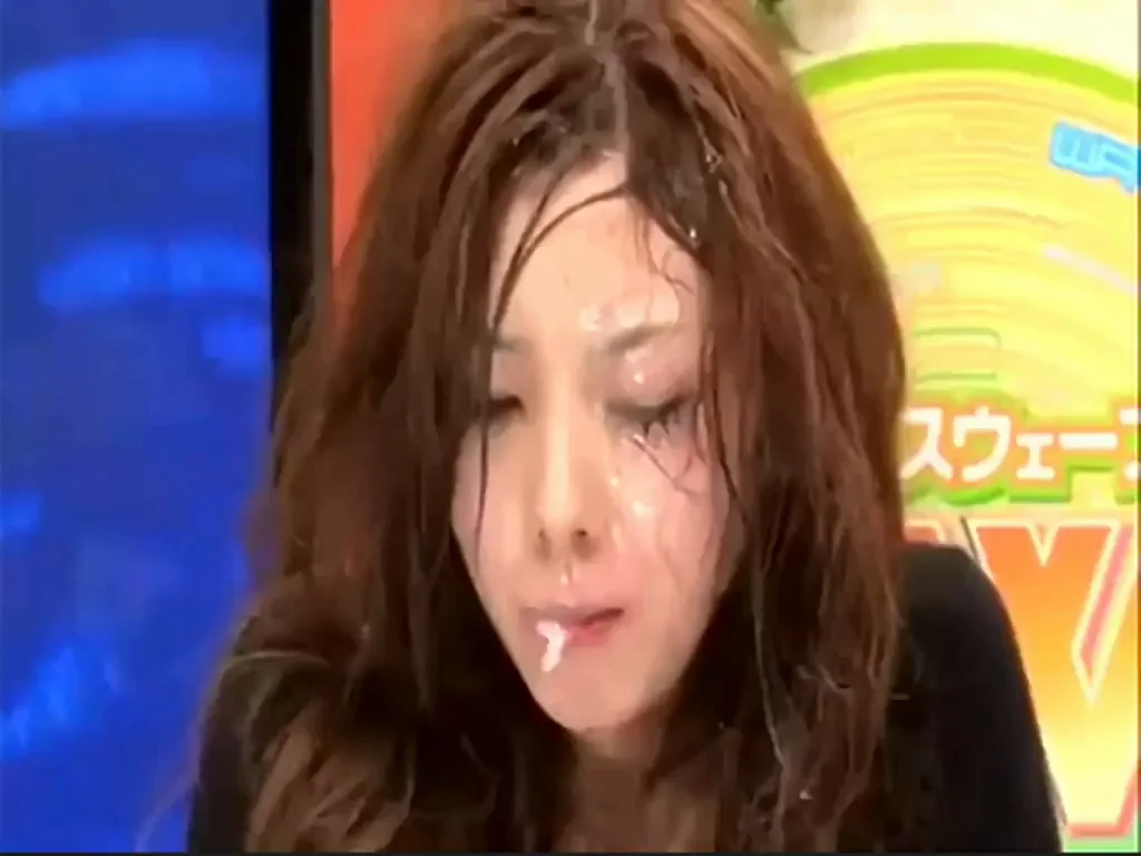 Japanese news reporter struggles to swallow two load back to back