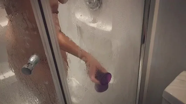 Girlfriend's Steamy Shower Suck on Suction Dildo