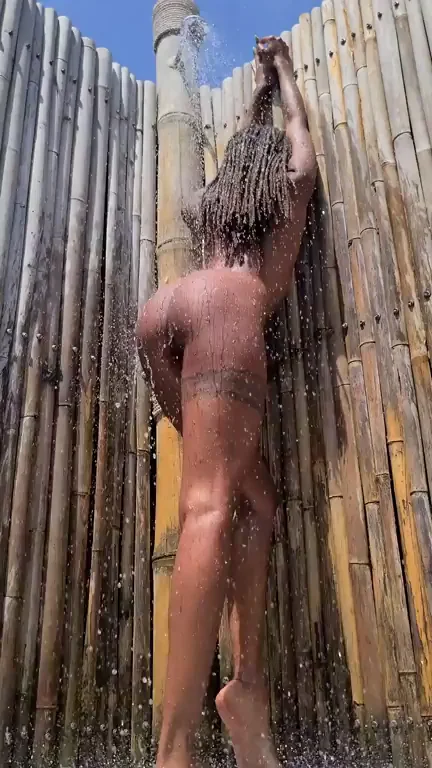 Breed my holes while I take a cold outdoor shower in the tropical heat