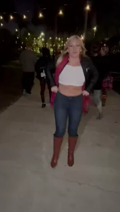 Blonde Slut Flashes Massive Tits at Strangers in Nighttime Park