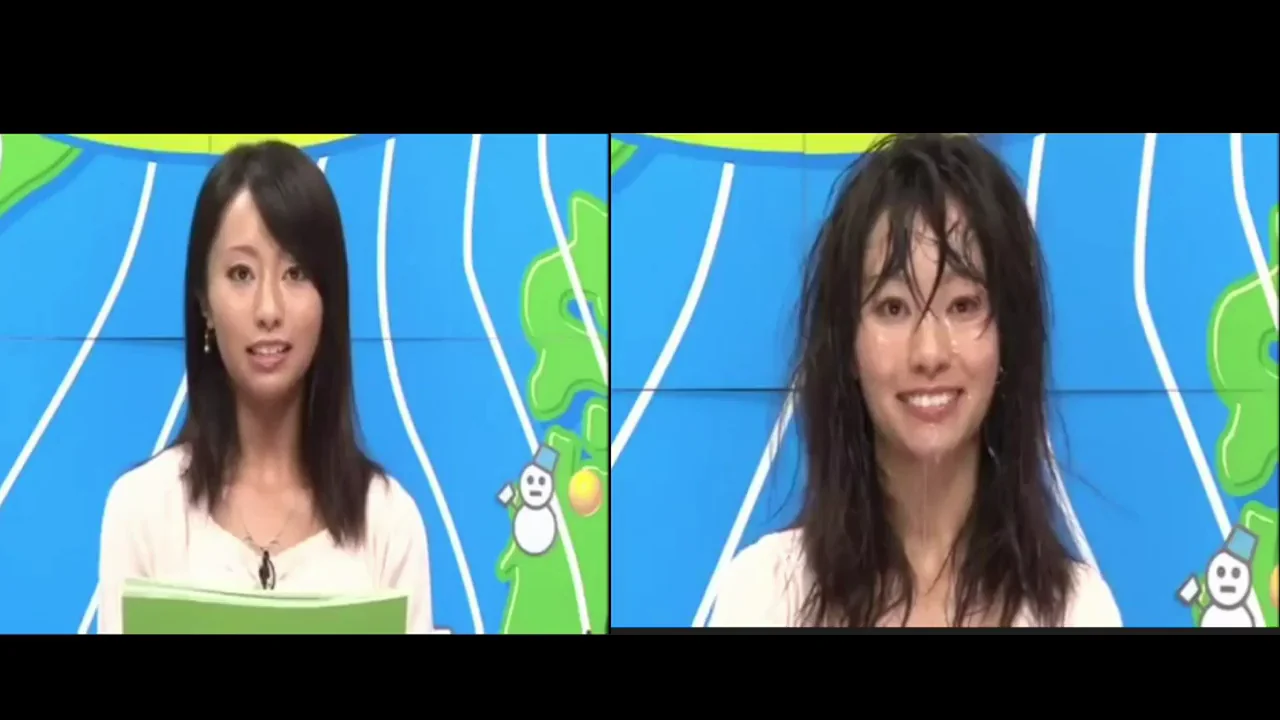 Japanese weather girl gets covered covering the news