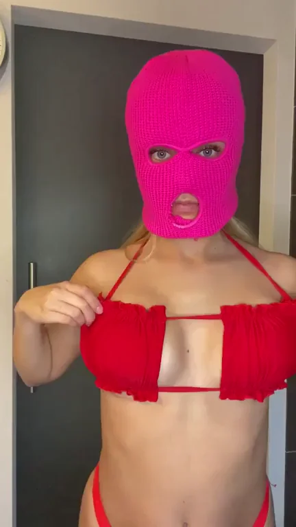 Pink Balaclava Slut Brightens Your Day with Massive Cleavage Tease 😈💕
