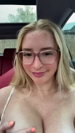 Car Titty Pop: Blonde Glasses Slut Flashes Massive Jugs