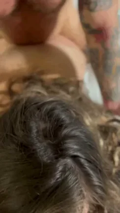 Gagging on my husbands cock while my bull fills my pussy