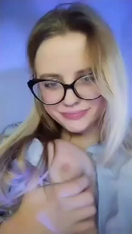 Blonde Glasses Slut Sucks Her Own Juicy Tits