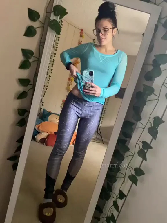 Petite Asian Babe Teases Tits & Ass in Shiny Leggings and Fuzzy Slippers