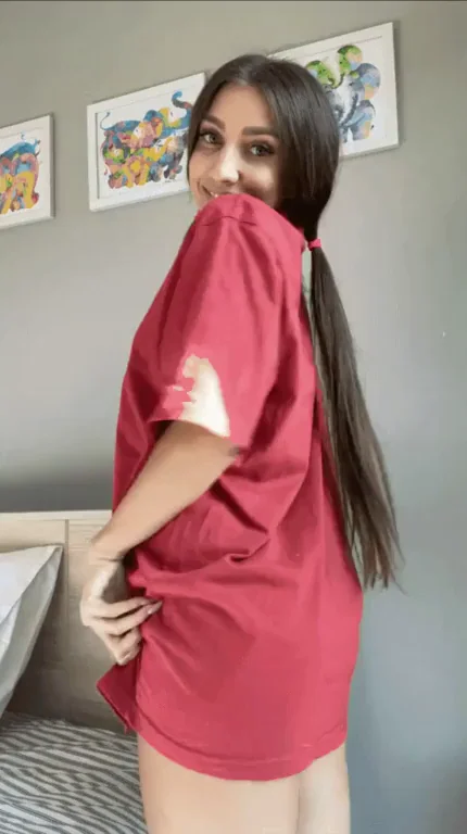 Tiny Brunette Tease: Petite Slut in Red Tee Begs for Daddy's Gaze
