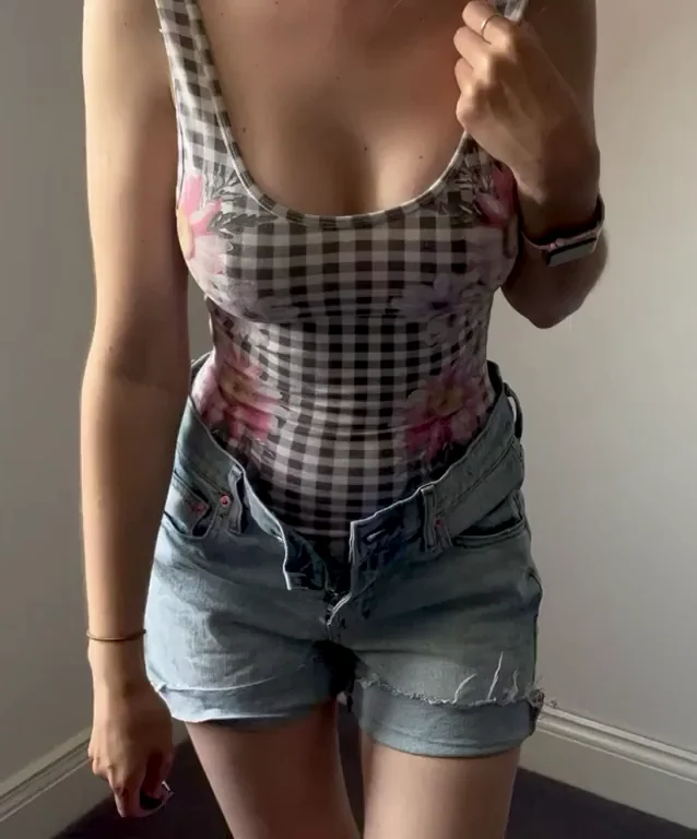 Teasing My Massive Fake Tits in Gingham Swimsuit Cleavage 😈💦