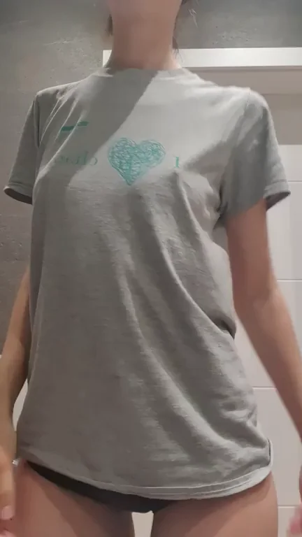 Petite Slut Teasing Panties Off in Gray Tee