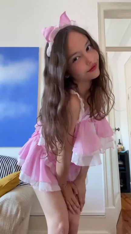 Cute Egirl Brat Bends Over in Pink Frills, Teasing Her Tight Bubble Butt