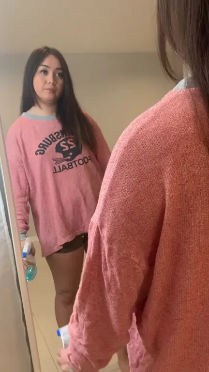 Mirror's Got a Mind of Its Own: Busty Asian Babe's Naked Cleaning Tease