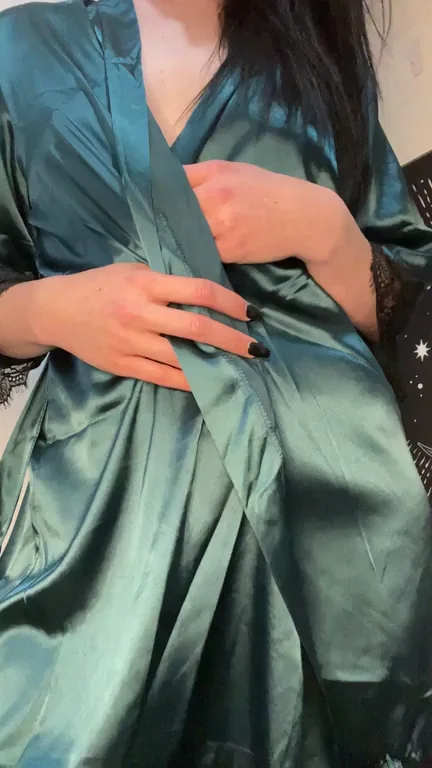Naughty MILF Teases in Emerald Silk Robe Slip