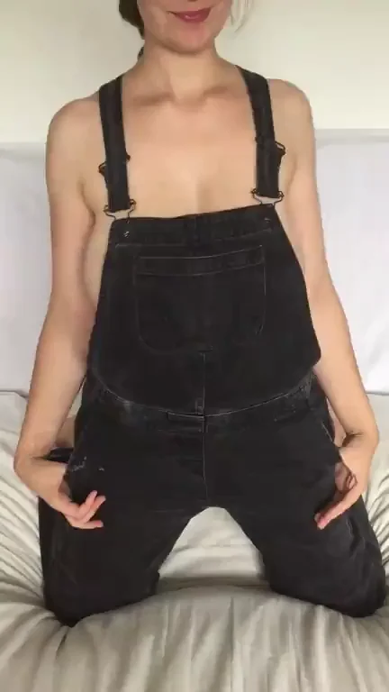 Braless Overall Tease: Squatting Slut Drops the Straps!