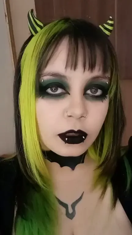 Goth Succubus Slut in Bat Collar Teases Her Juicy Tits 😈💚👻