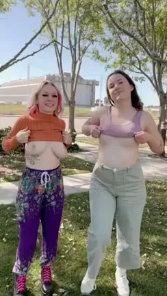 Two Slutty Sirens Flash Perky Tits: Double the Boob Tease Outdoors!