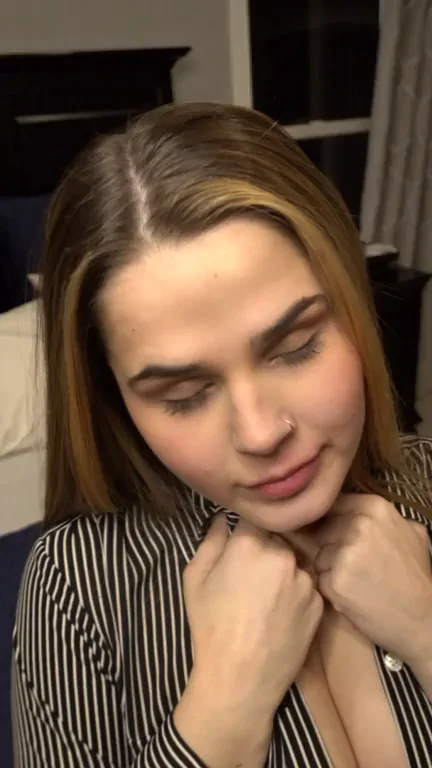 TikTok Tease: Busty Babe Unbuttons Her Striped Shirt for Epic Cleavage Reveal
