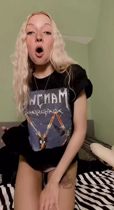 Blonde Uni Slut Teasing in Tiny Thong & Band Tee? 🔥😈
