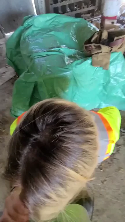 Female construction worker takes oral creampie