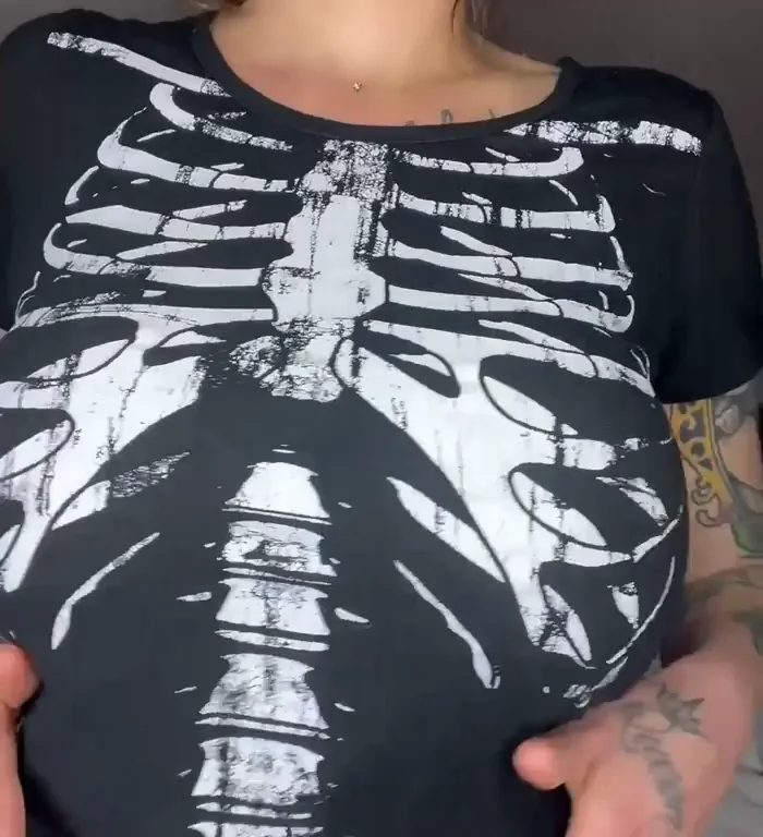 Goth Babe's Massive Titties Bursting Outta Skeleton Tee