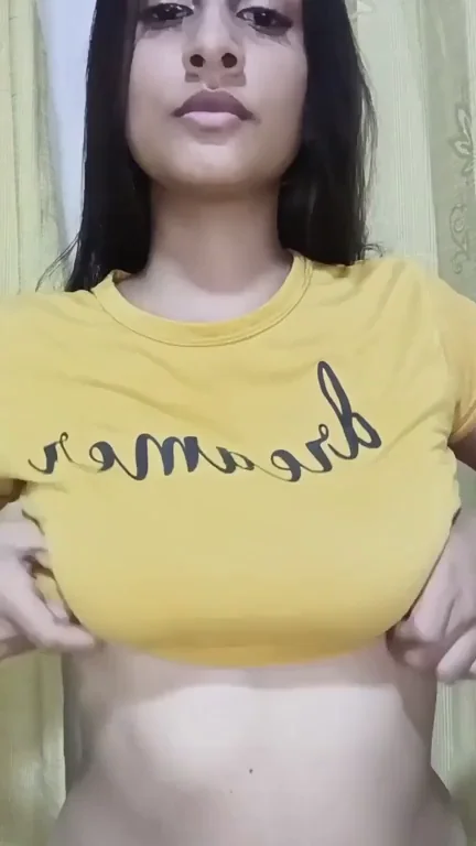 Perfect Handful Natural Tits Tease in Yellow Shirt