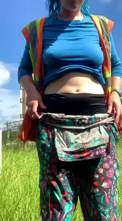 Work Flirt Flash: Blue-Haired Vixen Bounces Tits in Safety Vest Tease [GIF]