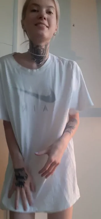 Petite Inked Slut's Big Heart Tease in Nike Tee 😈💦