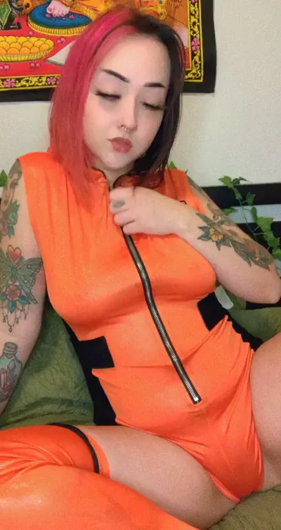 🔥 Tattooed Pink-Haired Slut's Shiny Orange Jumpsuit Reveal 😈