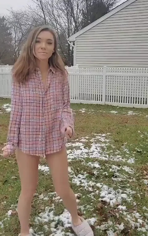 Petite Blonde Slut Flashes Tits & Ass Behind White Picket Fence 😈❄️
