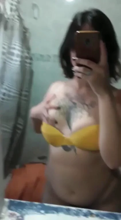 Thick Tattooed Slut Strips in Yellow Bra, Teasing Her Juicy Ass
