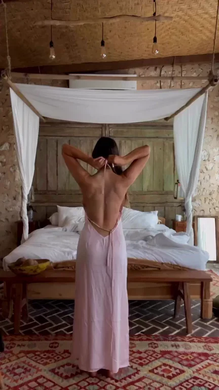 Slutty Pink Backless Dress Tease in Tropical Bedroom 💋🔥