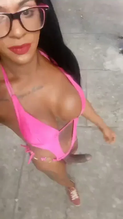 Street Slut Shemale Teasing Her Fat Cock in Pink Sling Bikini 😈🍆💦
