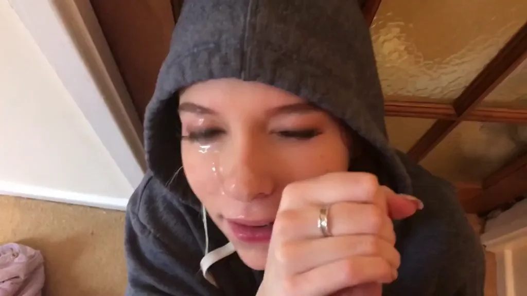 Hoodie Cutie Grins & Milks That Throbbing Cock Dry