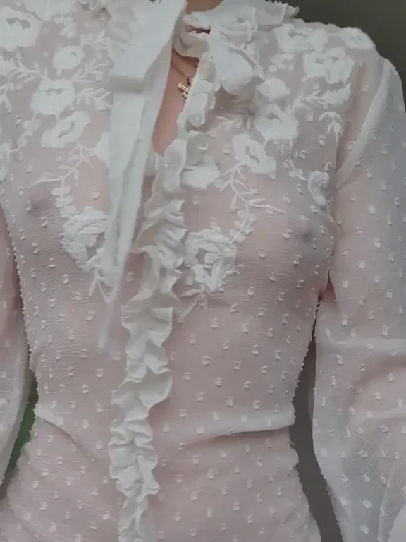 Petite Slut's Tiny Nipples Teasing Through Lacy Innocent Shirt
