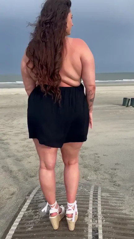 Naughty BBW Wife's Thong Tease Stroll on the Beach