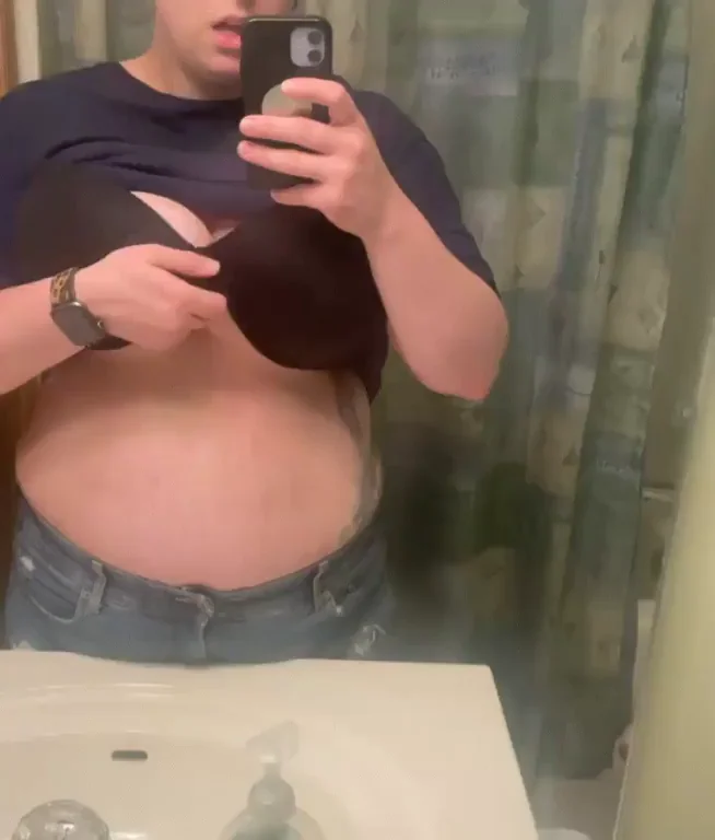 Thick Dude's Massive Titty Drop Tease in the Bathroom Mirror