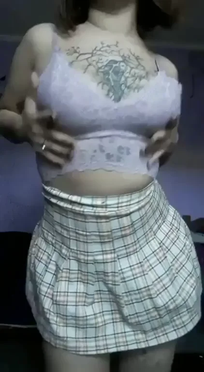 Cute Busty Slut Teasing in Lacy Top and Plaid Skirt