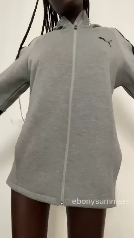 Ebony Slut Unzips Puma Hoodie to Reveal Dripping Wet Gift