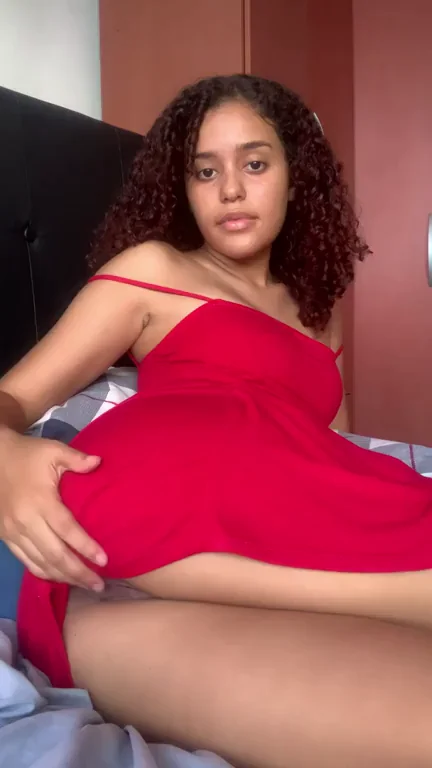 Curly Ebony Babe Teases Her Juicy Pussy in Red Dress 😈🍑