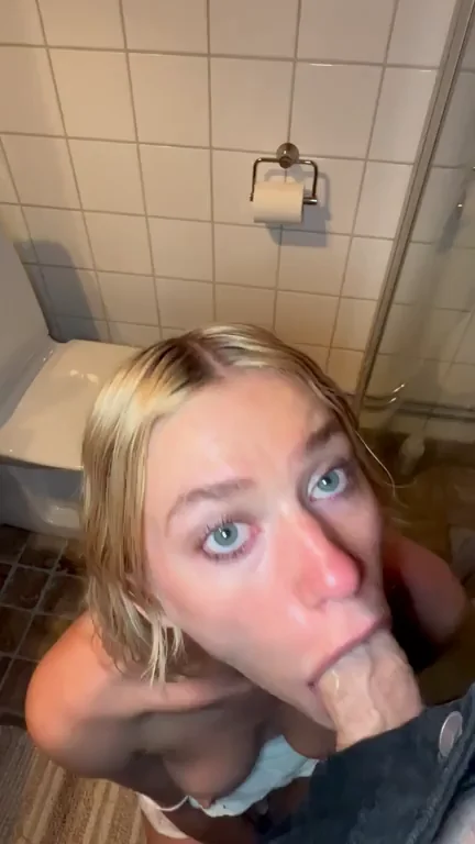 Blonde Slut Deepthroats BF in Bathroom Before Boys Night
