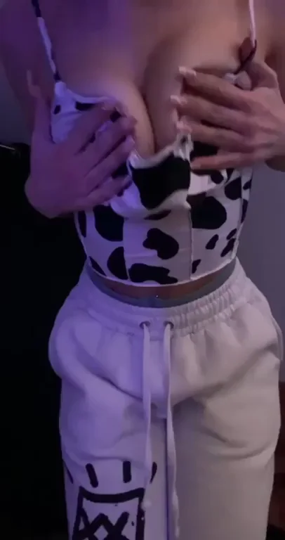 Funsized Tease: 5'1" 96lb Cowprint Bombshell Squeezes Her Perky Tits