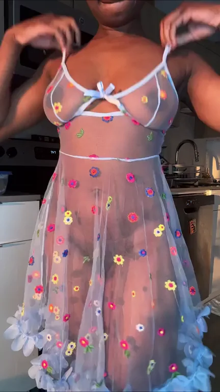 Stacked Ebony Babe Teases in See-Through Flower Babydoll