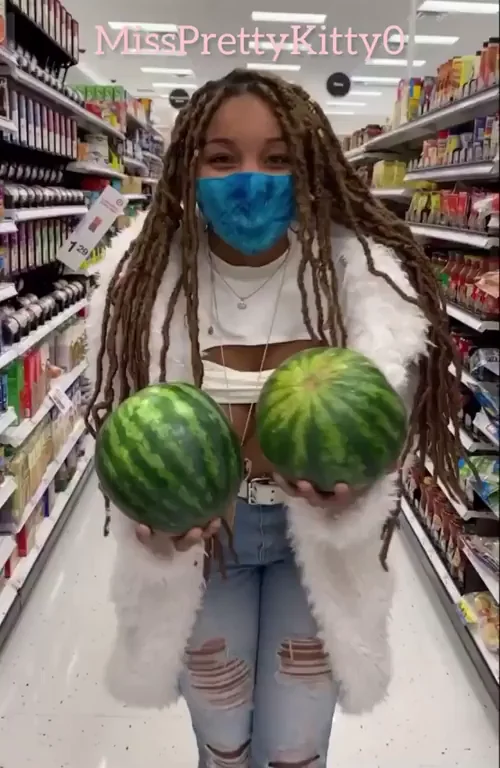 Sexy Babe Flashes Watermelons in Grocery Store Tease