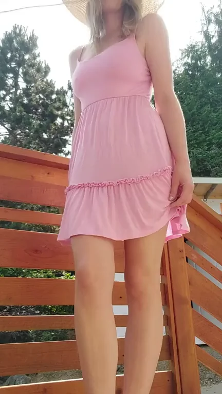 Porch Flasher MILF's Pink Dress Tit Tease