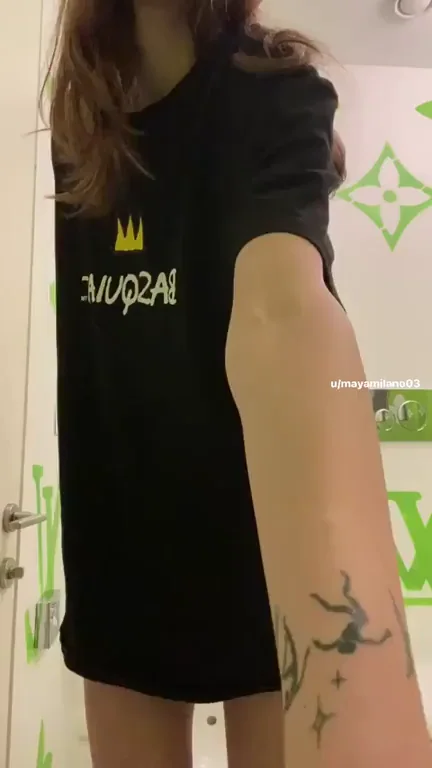 Tiny Slut's T-Shirt Dress Tease: Petite Pussy Flash in Luxe Bathroom