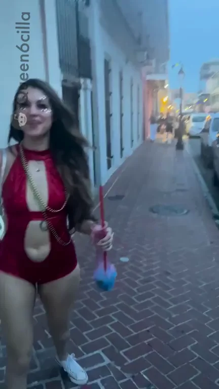 Tiny Titties Tease: Street Flasher Lets 'Em Breathe in Slutty Red Bodysuit